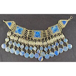 Late 20th C Afghan Kuchi Lapis Lazuli Brass Tribal Bib Necklace Statement